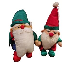 (2) Vintage Department 56 Christmas‎ Santa Elf Suspenders Nylon Plush Puffalump